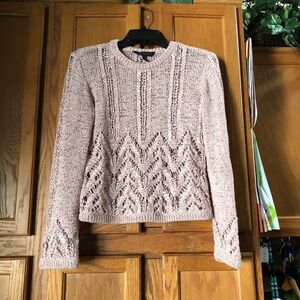 BCBGMAXAZRIA Romantic Crochet Open-Knit Crew Neck Pullover Sweater Pink - XS